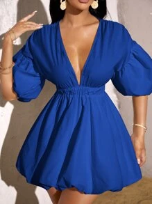 SHEIN SXY Deep V Neck Bishop Sleeve Dress - Royal Blue - View 5