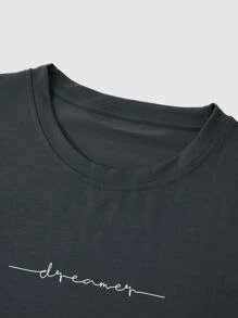 Manfinity Homme Hombres Camiseta con estampado de letra - Gris Oscuro - Ver 4