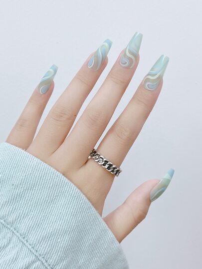 Get Glamorous With 24Pcs Coffin Mint Green Striped Colorblock Fake Nail & 1Pc Nail File & 1Sheet Nail Tape Press On Nails Nail Supplies Nails