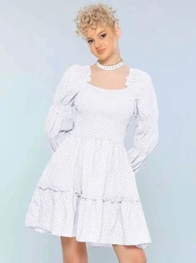 Cottnline Vestido Volante fruncido Bajo con volante Lunares Dulce