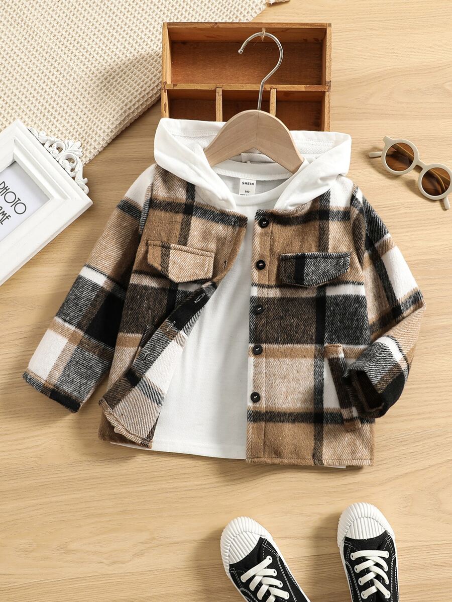 SHEIN Toddler Boy Jackets Túi Nút phía trước Sọc ca rô Sẵn sàng - Nhiều màu - Xem 1