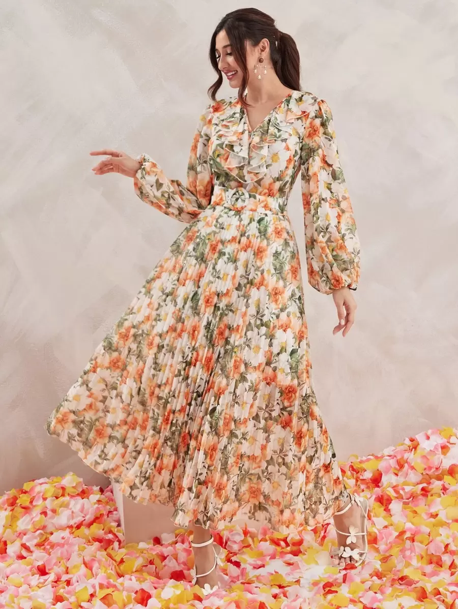 Seusyu Allover Floral Print Ruffle Trim Lantern Sleeve Pleated Belted Modest Long Sleeve Dress - Multicolor - View 1
