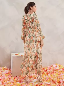 Seusyu Allover Floral Print Ruffle Trim Lantern Sleeve Pleated Belted Modest Long Sleeve Dress - Multicolor - View 2