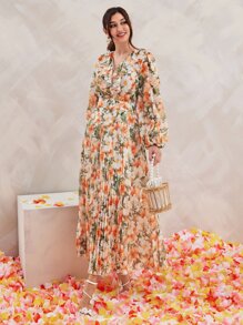 Seusyu Allover Floral Print Ruffle Trim Lantern Sleeve Pleated Belted Modest Long Sleeve Dress - Multicolor - View 3