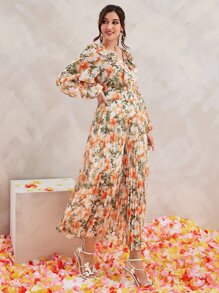 Seusyu Allover Floral Print Ruffle Trim Lantern Sleeve Pleated Belted Modest Long Sleeve Dress - Multicolor - View 4