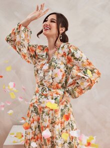 Seusyu Allover Floral Print Ruffle Trim Lantern Sleeve Pleated Belted Modest Long Sleeve Dress - Multicolor - View 5