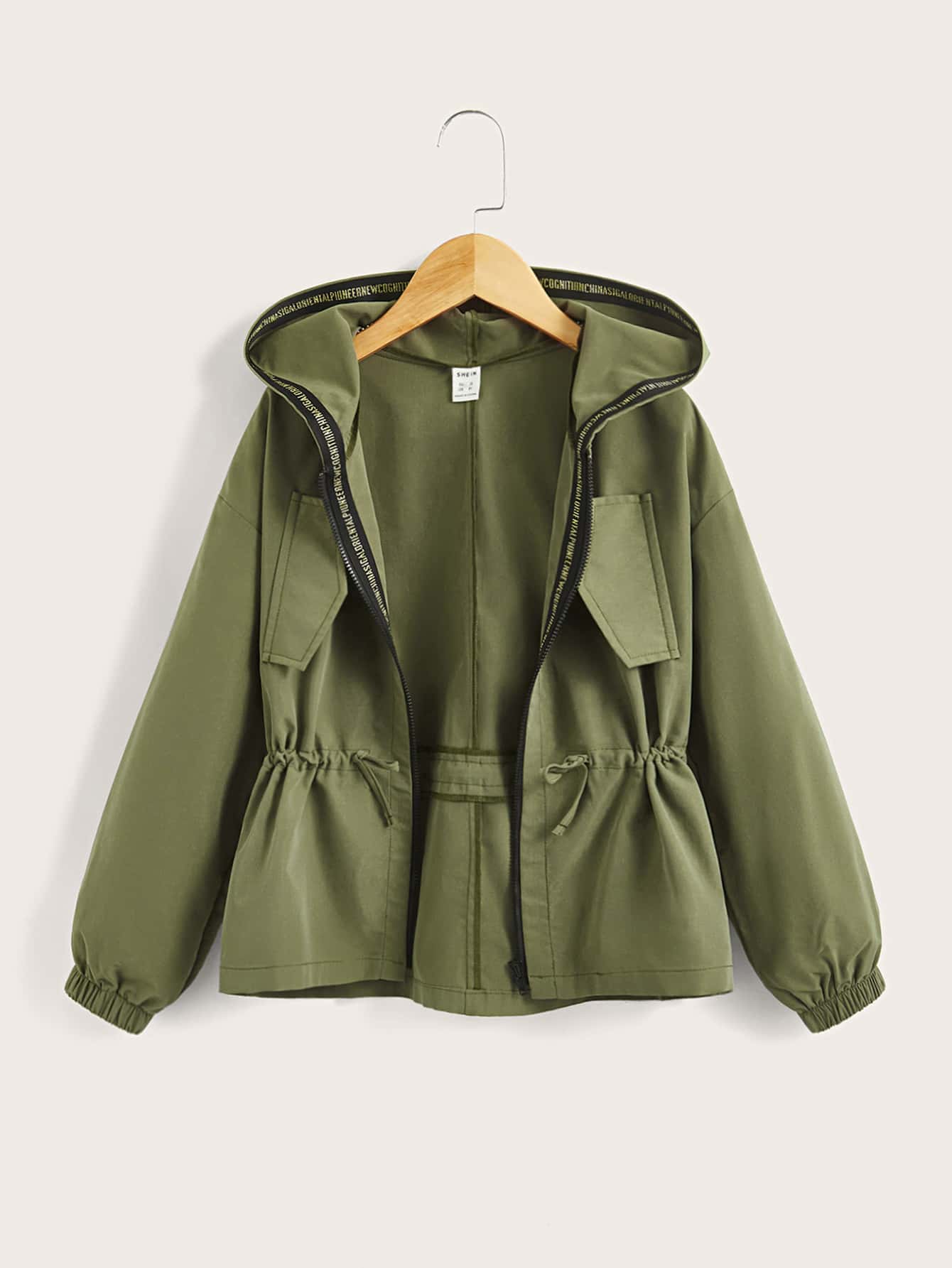 SHEIN Girls Drawstring Waist Drop Shoulder Hooded Jacket - Army Green - View 1