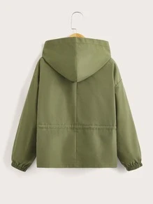 SHEIN Girls Drawstring Waist Drop Shoulder Hooded Jacket - Army Green - View 2