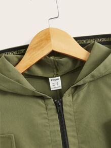 SHEIN Girls Drawstring Waist Drop Shoulder Hooded Jacket - Army Green - View 3