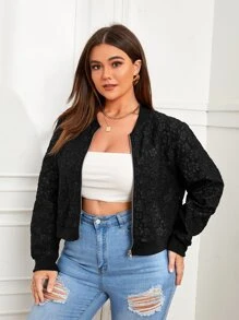 SHEIN Unity 大碼花卉圖案提花飛行員夾克 - 黑色 - 查看 5