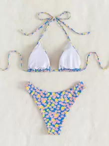 Summer Beach Ditsy Floral Halter Triangle Bikini Set - Blue - View 2