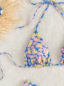 Summer Beach Ditsy Floral Halter Triangle Bikini Set - Blue - View 3