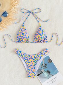 Summer Beach Ditsy Floral Halter Triangle Bikini Set - Blue - View 5