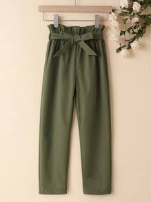 SHEIN Girls Paperbag Waist Belted Trousers - Army Green - View 1