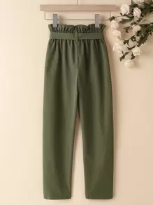 SHEIN Girls Paperbag Waist Belted Trousers - Army Green - View 2