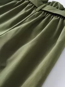 SHEIN Girls Paperbag Waist Belted Trousers - Army Green - View 3