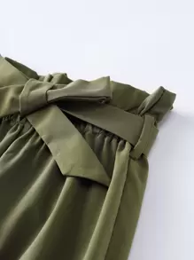 SHEIN Girls Paperbag Waist Belted Trousers - Army Green - View 5