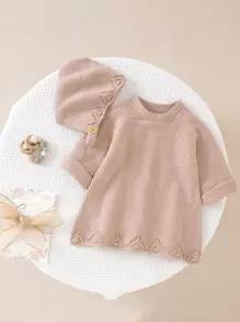 Baby Eyelet Detail Raglan Sleeve Jumper & Hat - Dusty Pink - View 1