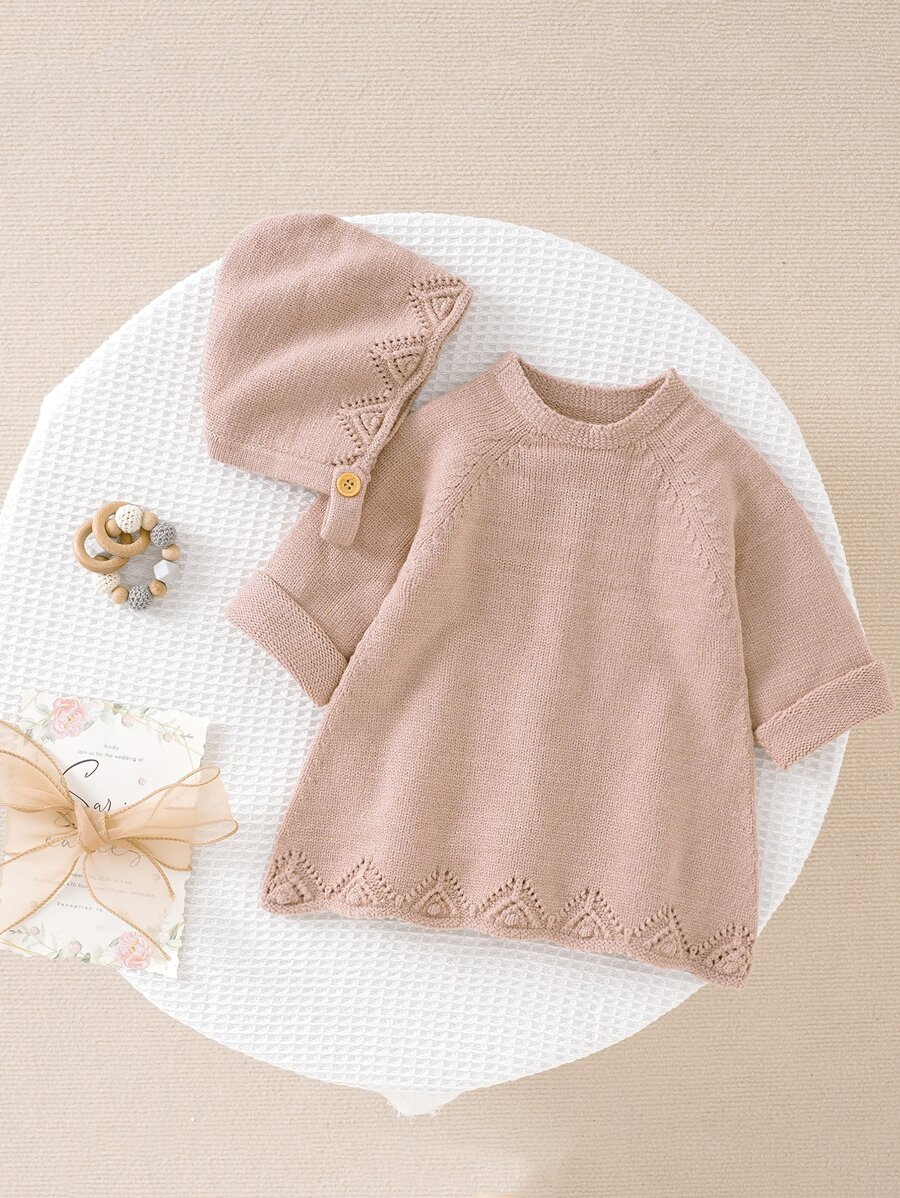 Baby Eyelet Detail Raglan Sleeve Jumper & Hat - Dusty Pink - View 1