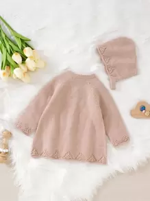 Baby Eyelet Detail Raglan Sleeve Jumper & Hat - Dusty Pink - View 2
