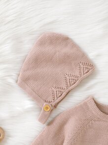 Baby Eyelet Detail Raglan Sleeve Jumper & Hat - Dusty Pink - View 4