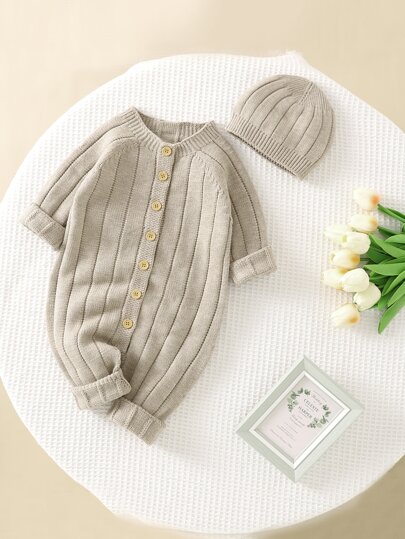 SHEIN Vintaside Kids 男嬰前紐扣插肩袖針織連身褲和帽