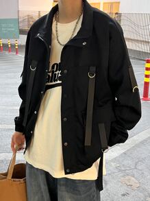 Manfinity EMRG Loose Fit Men's Buckled Flap Pocket Drop Shoulder Rave Jacket, Plain, Long Sleeve, Going Out, Friends, Thin Jacket
