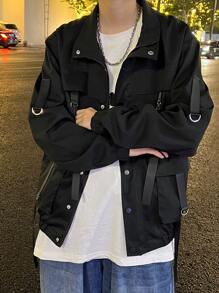 Manfinity EMRG Loose Fit Men's Buckled Flap Pocket Drop Shoulder Rave Jacket, Plain, Long Sleeve, Going Out, Friends, Thin Jacket