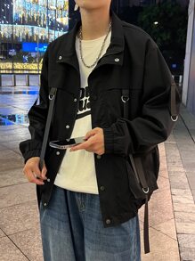 Manfinity EMRG Loose Fit Men's Buckled Flap Pocket Drop Shoulder Rave Jacket, Plain, Long Sleeve, Going Out, Friends, Thin Jacket
