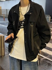 Manfinity EMRG Loose Fit Men's Buckled Flap Pocket Drop Shoulder Rave Jacket, Plain, Long Sleeve, Going Out, Friends, Thin Jacket