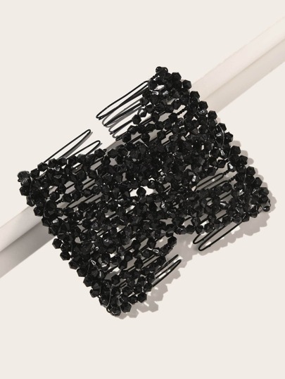 1pc Black Beaded & Rhinestone Elasticated Double Row Hair Comb, Magical Hair Comb Sticker For Women Street Combs For Hair Side Comb, School Stuff, Wedding, Hair Accessories, Head Accessories, Hair Accessories For Women