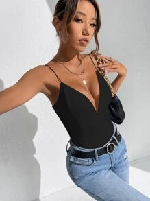 SHEIN PETITE Solid Plunging Neck Cami Summer Women Bodysuit - Black - View 3