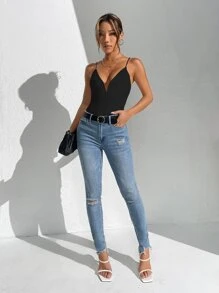 SHEIN PETITE Solid Plunging Neck Cami Summer Women Bodysuit - Black - View 5