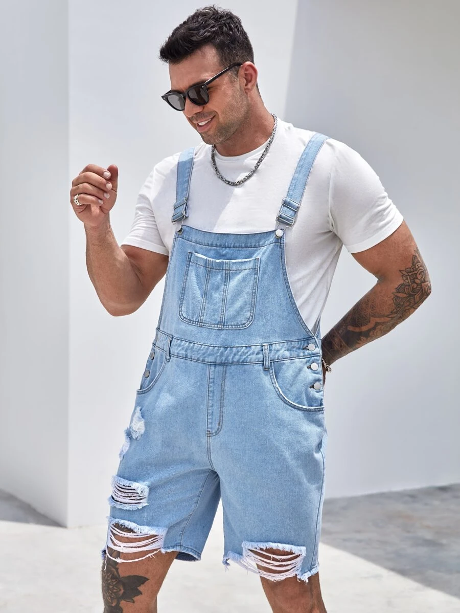 Manfinity RebelGame Men Cotton Ripped Raw Edge Patched Pocket Denim Dungaree Romper Without Tee - Light Wash - View 1