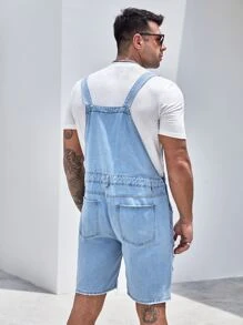 Manfinity RebelGame Men Cotton Ripped Raw Edge Patched Pocket Denim Dungaree Romper Without Tee - Light Wash - View 2