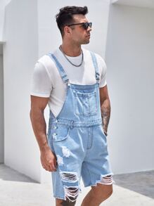Manfinity RebelGame Men Cotton Ripped Raw Edge Patched Pocket Denim Dungaree Romper Without Tee - Light Wash - View 3