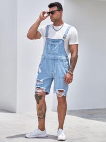 Manfinity RebelGame Men Cotton Ripped Raw Edge Patched Pocket Denim Dungaree Romper Without Tee - Light Wash - View 6