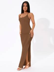 SHEIN PETITE 素色十字交叉後背繫帶高衩連衣裙 - 咖啡棕 - 查看 1