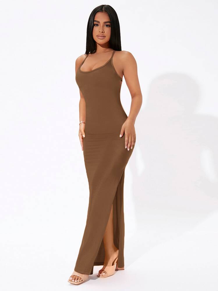 SHEIN PETITE 素色十字交叉後背繫帶高衩連衣裙 - 咖啡棕 - 查看 1