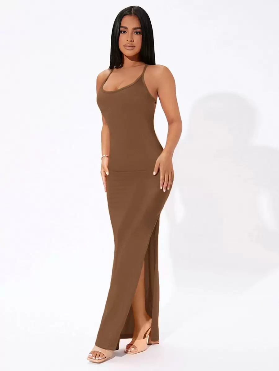SHEIN PETITE 素色十字交叉後背繫帶高衩連衣裙 - 咖啡棕 - 查看 1