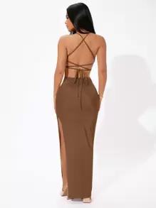 SHEIN PETITE 素色十字交叉後背繫帶高衩連衣裙 - 咖啡棕 - 查看 2