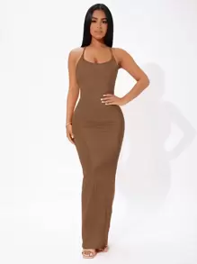 SHEIN PETITE 素色十字交叉後背繫帶高衩連衣裙 - 咖啡棕 - 查看 3