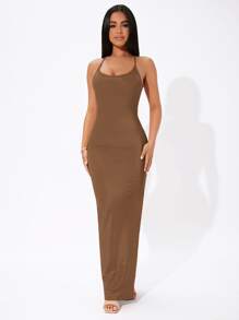 SHEIN PETITE 素色十字交叉後背繫帶高衩連衣裙 - 咖啡棕 - 查看 4
