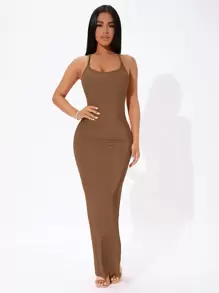 SHEIN PETITE 素色十字交叉後背繫帶高衩連衣裙 - 咖啡棕 - 查看 5