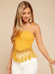 SHEIN VCAY Tassel Hem Hollow Out Lace Cami Top - Yellow - View 1