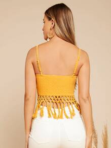 SHEIN VCAY Tassel Hem Hollow Out Lace Cami Top - Yellow - View 5