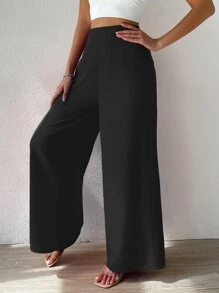 SHEIN LUNE High Waist Solid Wide Leg Trousers - Black - View 1
