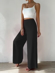 SHEIN LUNE High Waist Solid Wide Leg Trousers - Black - View 6