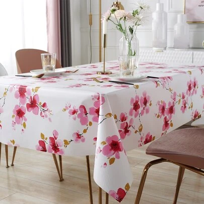 1件PVC涂层无纺布[塑料材质]樱花图案防水防油桌布，适用于室内外，适合节日、派对和聚会装饰