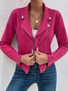 SHEIN LUNE Cazadora de moto de cuello con solapa con cremallera - Rosa Fucsia - Ver 5